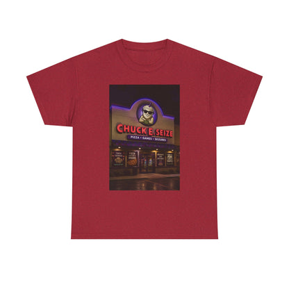 Chuck E Seize Neon Sign T-Shirt — Retro Arcade Pizza Parody Tee