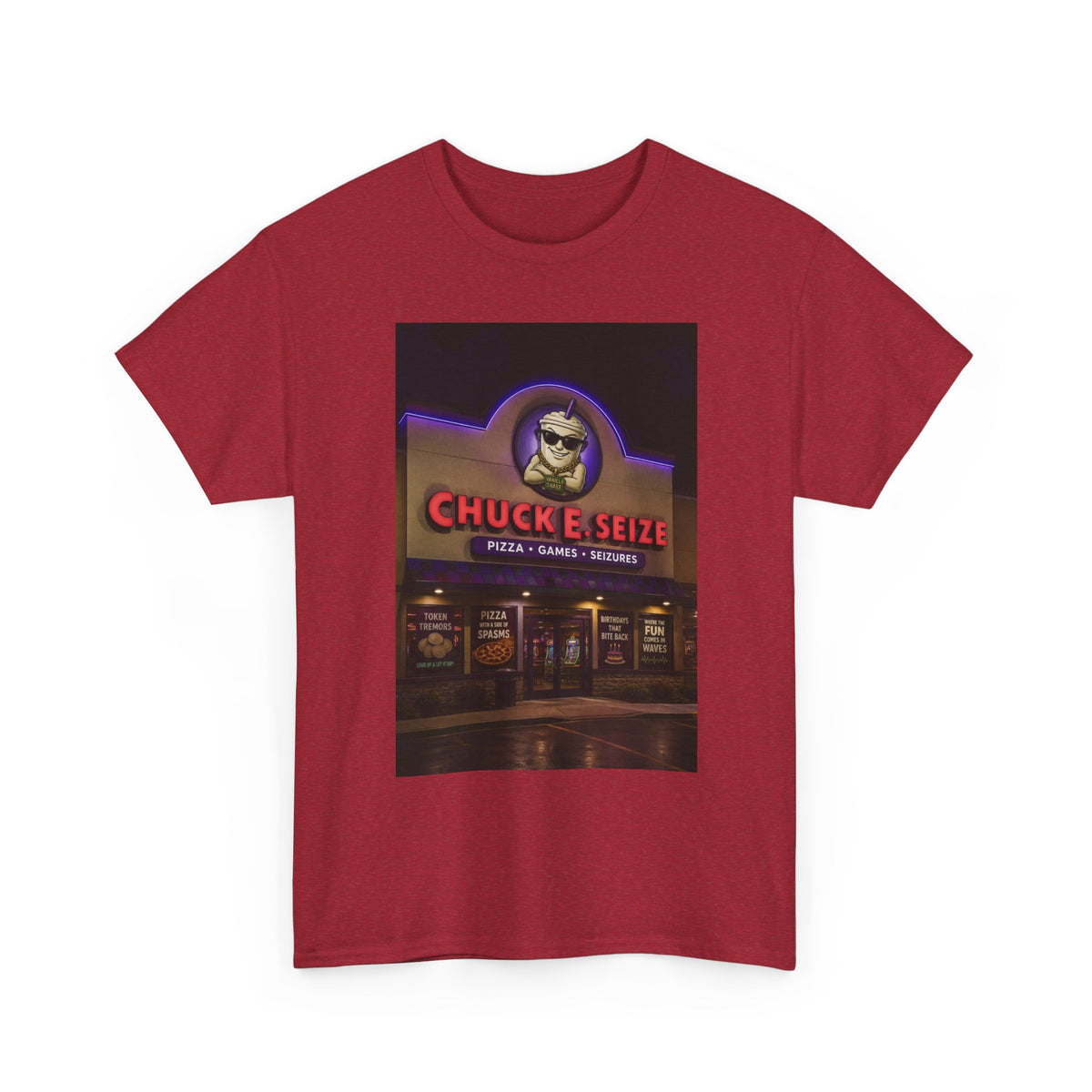 Chuck E Seize Neon Sign T-Shirt — Retro Arcade Pizza Parody Tee