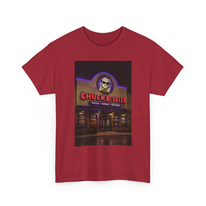 Chuck E Seize Neon Sign T-Shirt — Retro Arcade Pizza Parody Tee