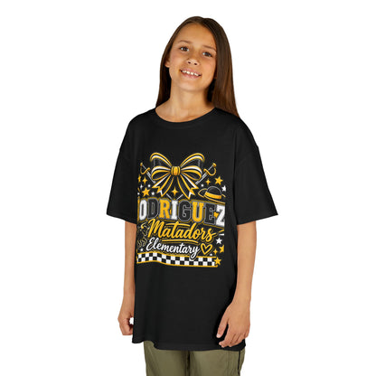 Rodriguez Matadors Elementary Kids T‑Shirt — School Spirit Bow & Mascot Tee