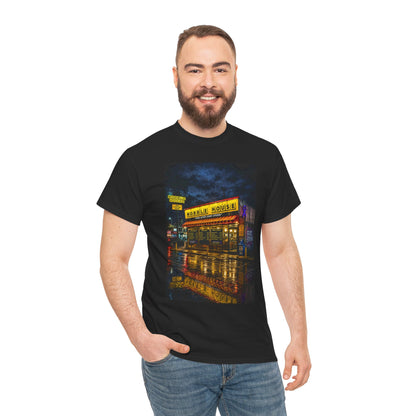 Diner Neon Night T-Shirt — Retro Rainy Cityscape Graphic Tee