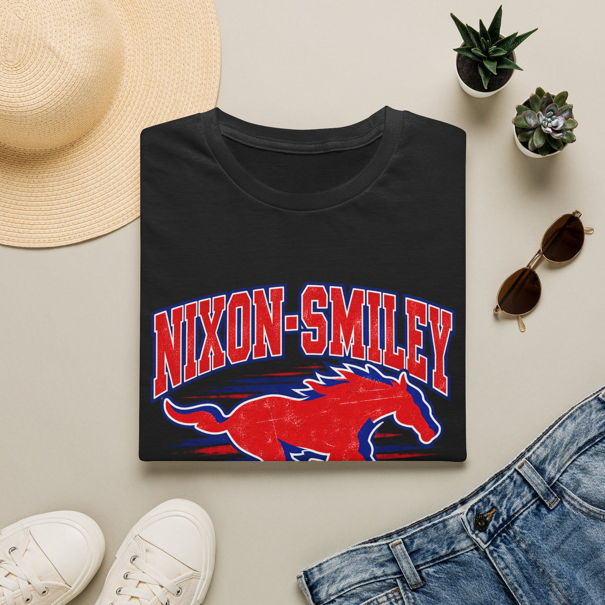 Nixon-Smiley Mustangs Tee — Retro School Mascot T-Shirt