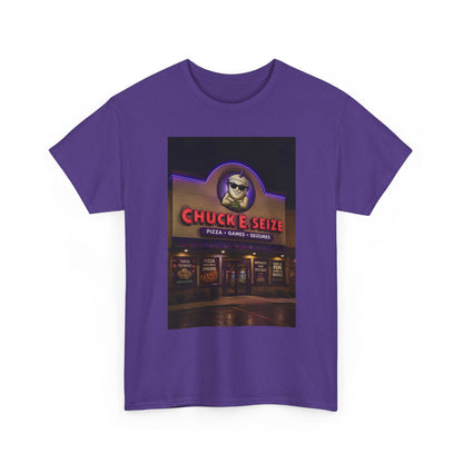 Chuck E Seize Neon Sign T-Shirt — Retro Arcade Pizza Parody Tee