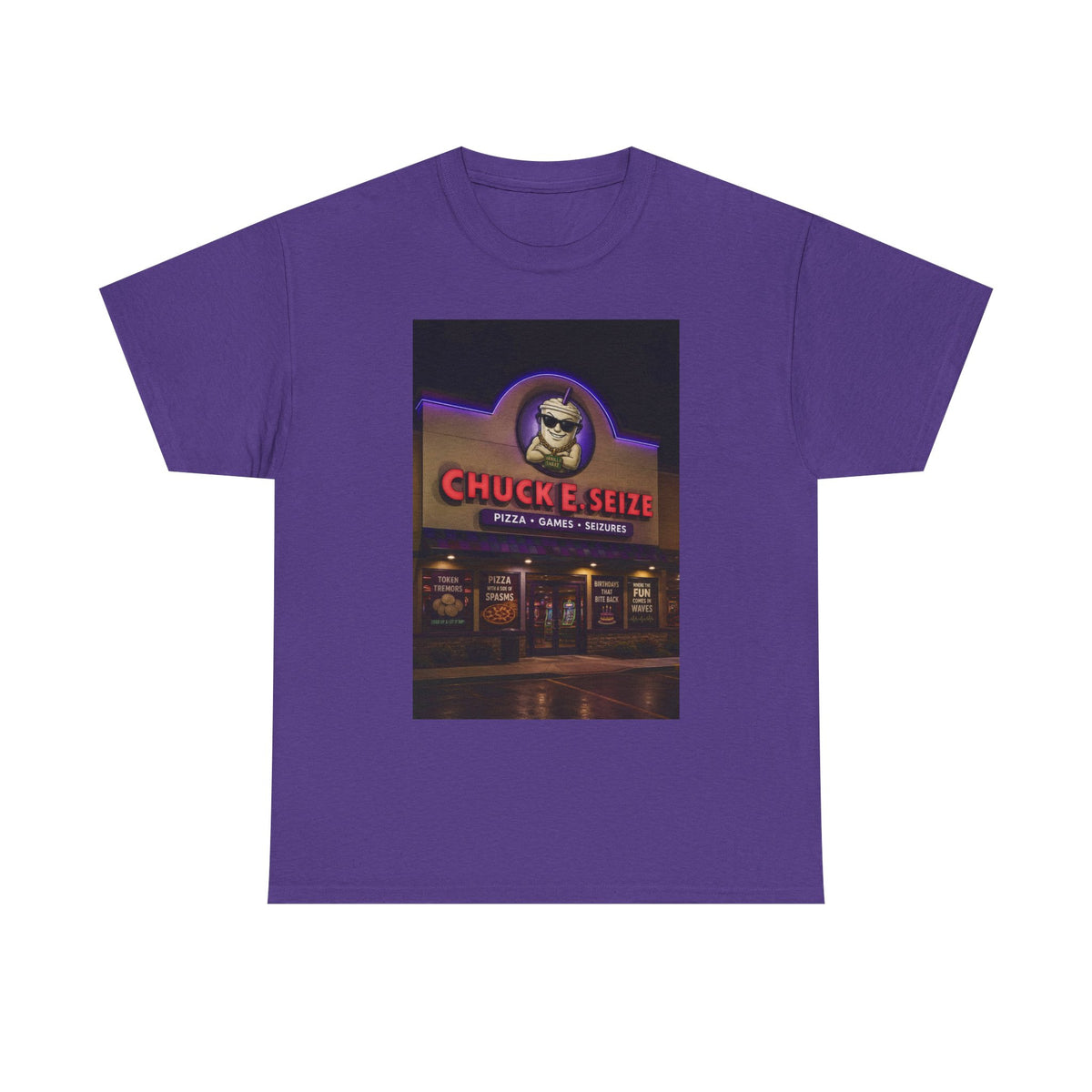 Chuck E Seize Neon Sign T-Shirt — Retro Arcade Pizza Parody Tee