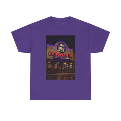 Chuck E Seize Neon Sign T-Shirt — Retro Arcade Pizza Parody Tee
