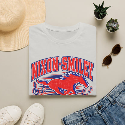 Nixon-Smiley Mustangs Band T-Shirt — Vintage Red Mustang Music Design