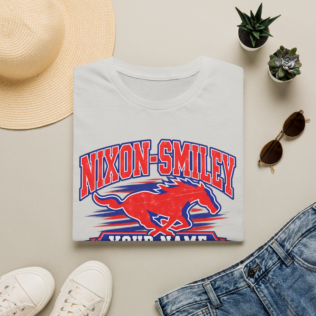 Customizable Mustang Team T-Shirt — 'Nixon-SMiley' Personalized Jersey Tee