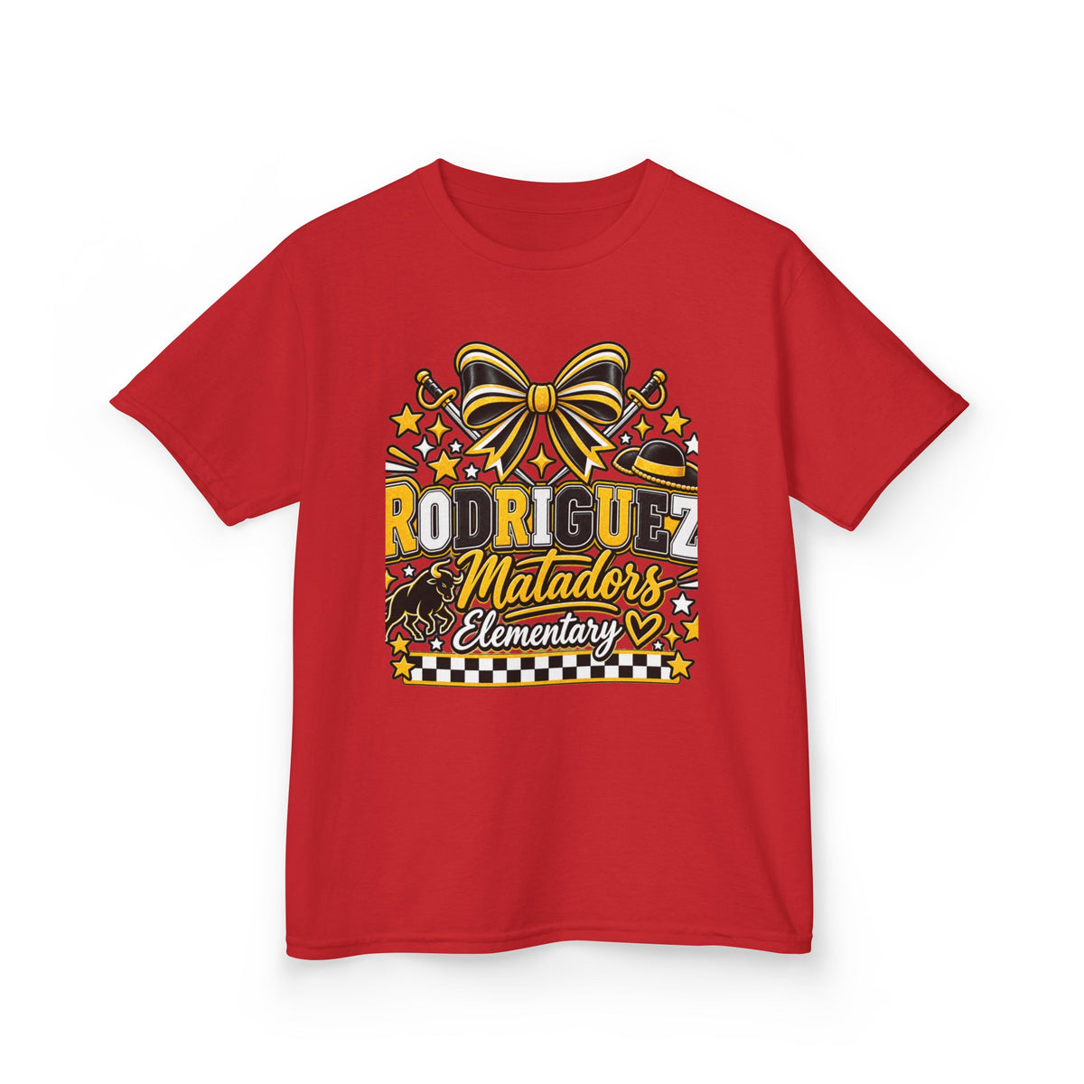 Rodriguez Matadors Elementary Kids T‑Shirt — School Spirit Bow & Mascot Tee