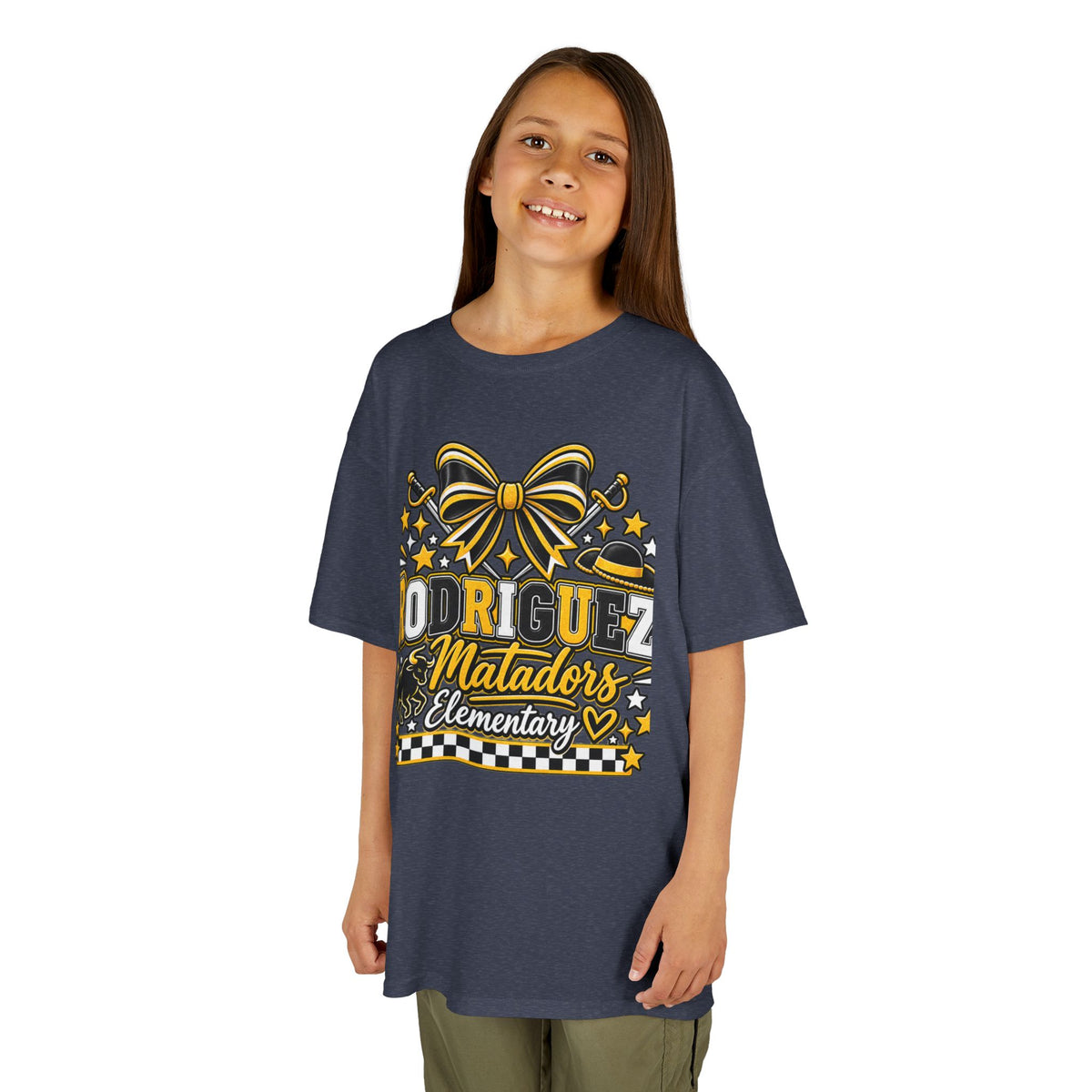 Rodriguez Matadors Elementary Kids T‑Shirt — School Spirit Bow & Mascot Tee