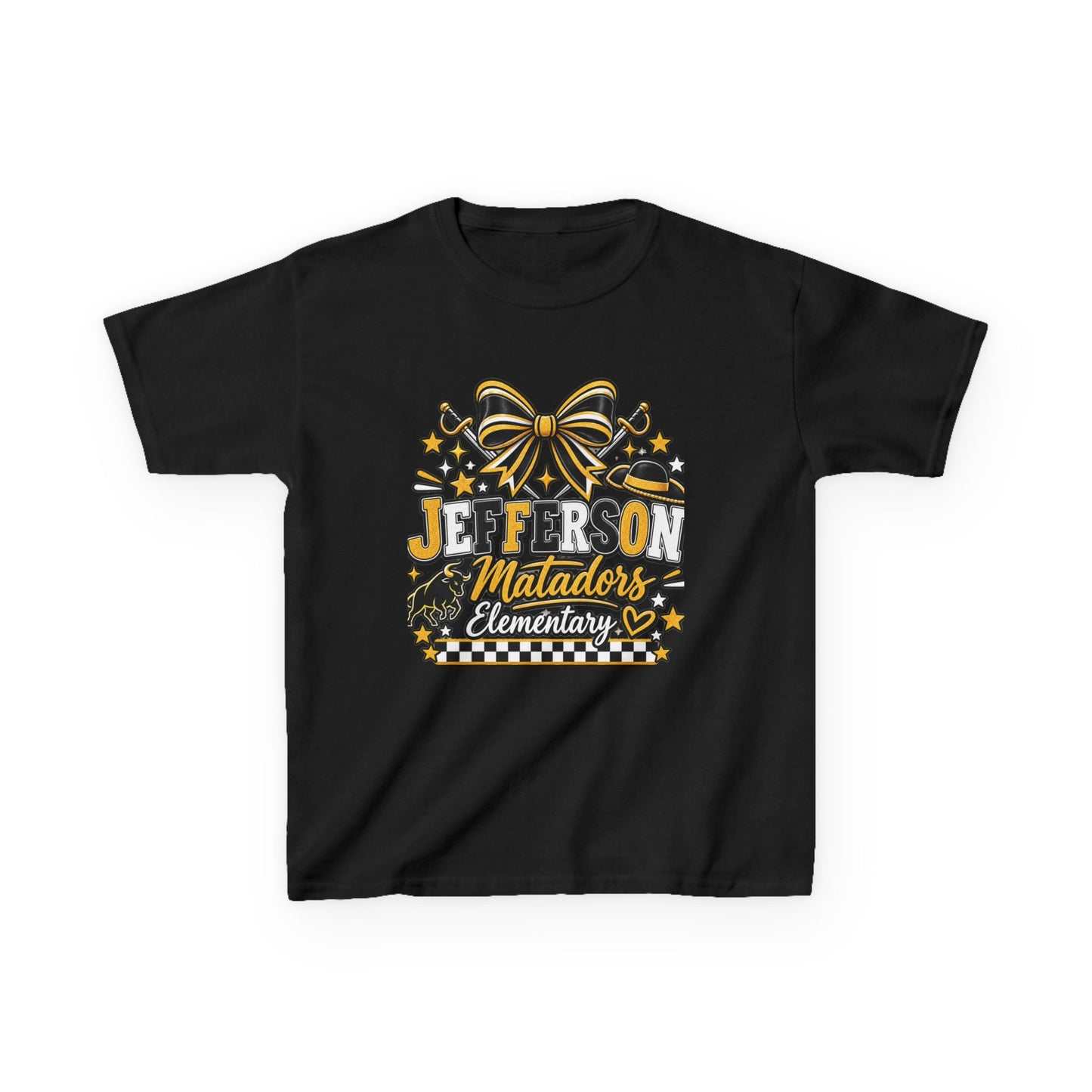 Jefferson Matadors Elementary Kids T-Shirt — School Spirit Bow & Mascot Tee