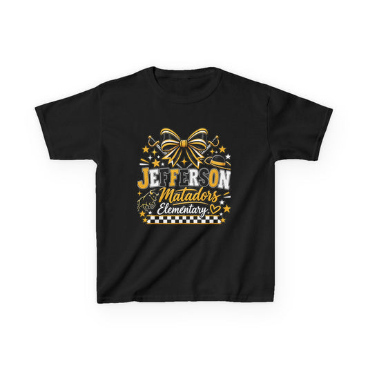 Jefferson Matadors Elementary Kids T-Shirt — School Spirit Bow & Mascot Tee