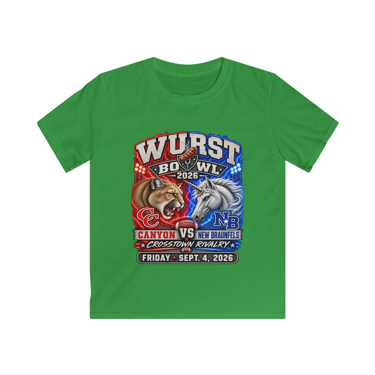 Kids Rivalry Football Tee — Canyon vs New Braunfels ‘Wurst Bowl’ 2026 Game Day Shirt