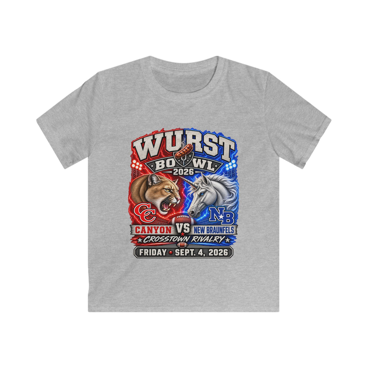 Kids Rivalry Football Tee — Canyon vs New Braunfels ‘Wurst Bowl’ 2026 Game Day Shirt