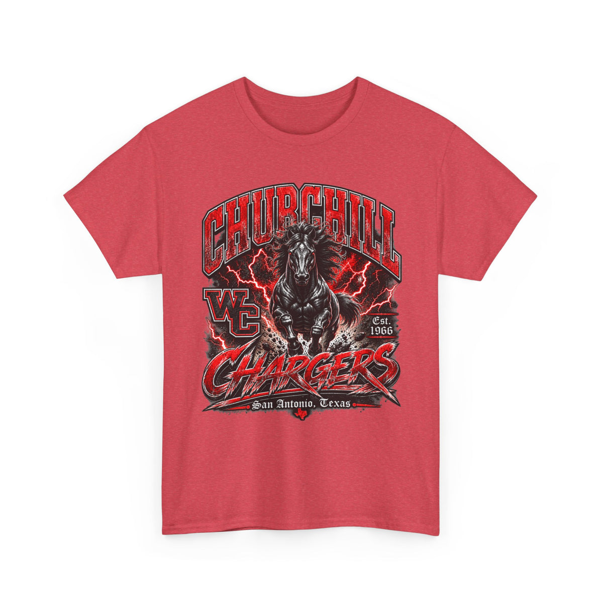 Churchill Chargers Mascot T‑Shirt — Vintage Black Stallion School Team Tee