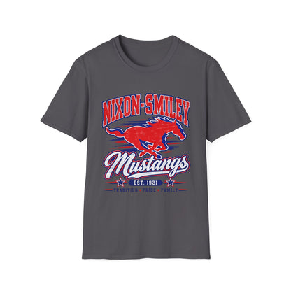 Nixon-Smiley Mustangs Tee — Retro School Mascot T-Shirt