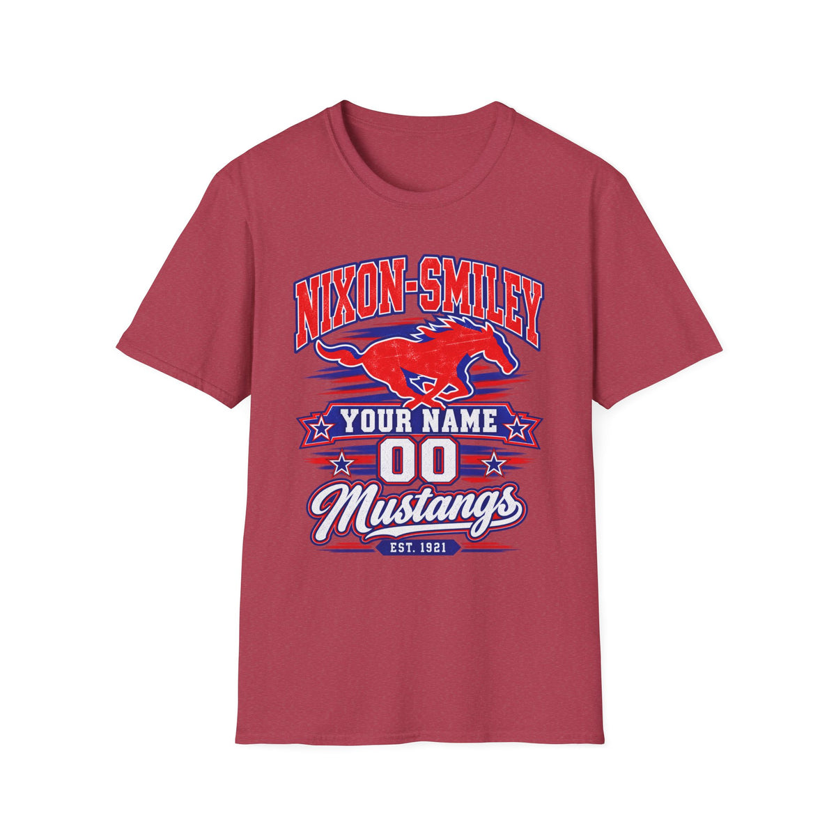 Customizable Mustang Team T-Shirt — 'Nixon-SMiley' Personalized Jersey Tee