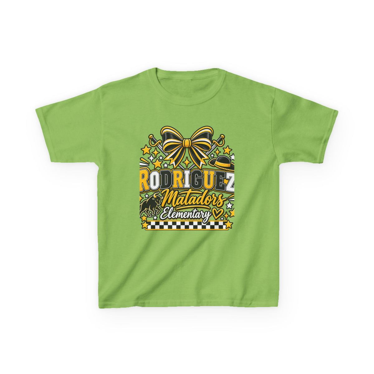 Rodriguez Matadors Elementary Kids T‑Shirt — School Spirit Bow & Mascot Tee