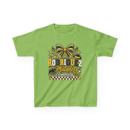 Rodriguez Matadors Elementary Kids T‑Shirt — School Spirit Bow & Mascot Tee