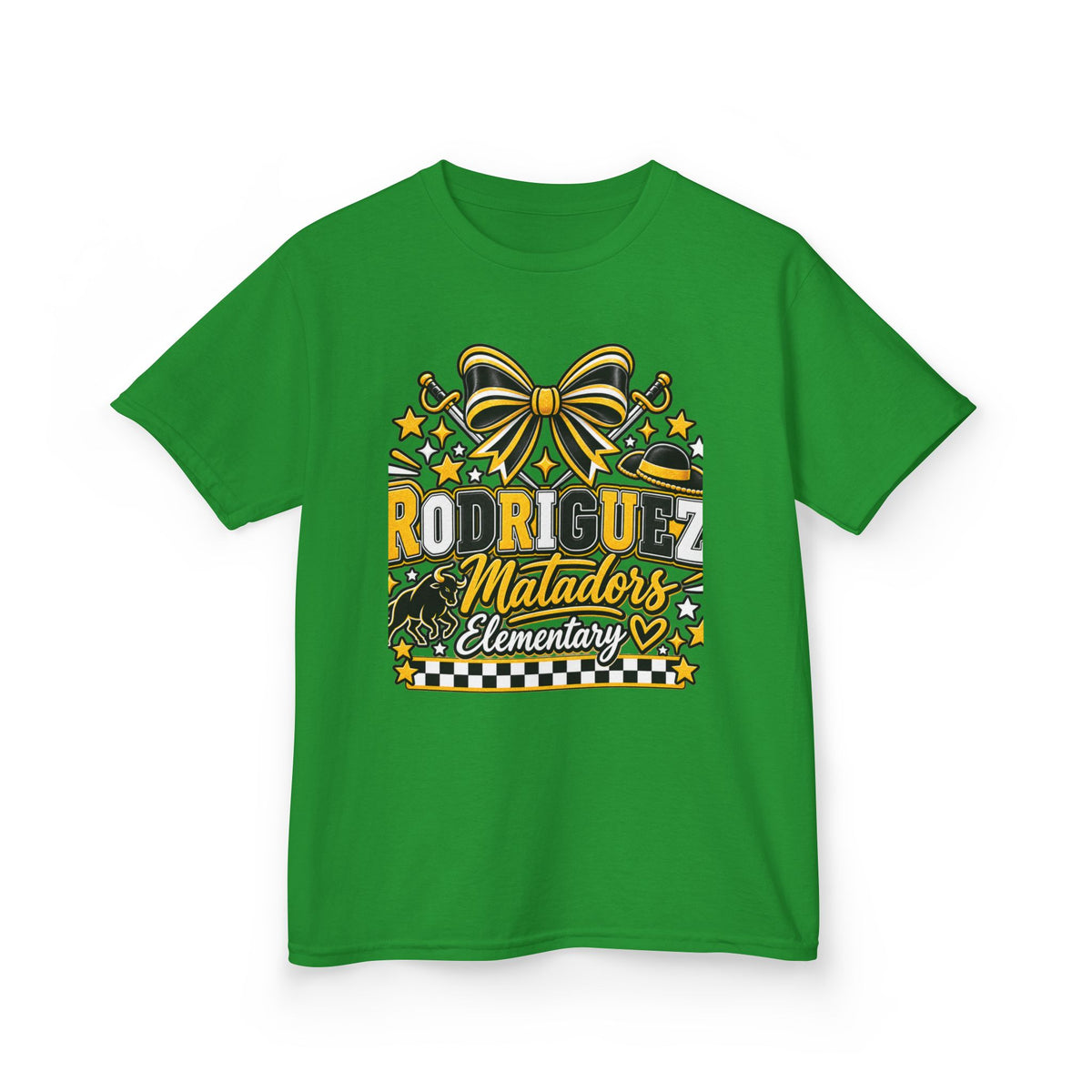Rodriguez Matadors Elementary Kids T‑Shirt — School Spirit Bow & Mascot Tee