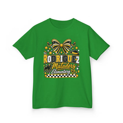 Rodriguez Matadors Elementary Kids T‑Shirt — School Spirit Bow & Mascot Tee