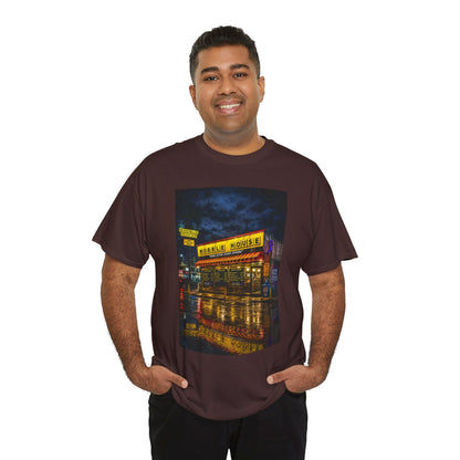 Diner Neon Night T-Shirt — Retro Rainy Cityscape Graphic Tee