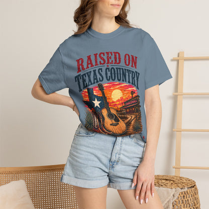 Raised on Texas Country T-Shirt — Gonzales TX Vintage Guitar Sunset Tee