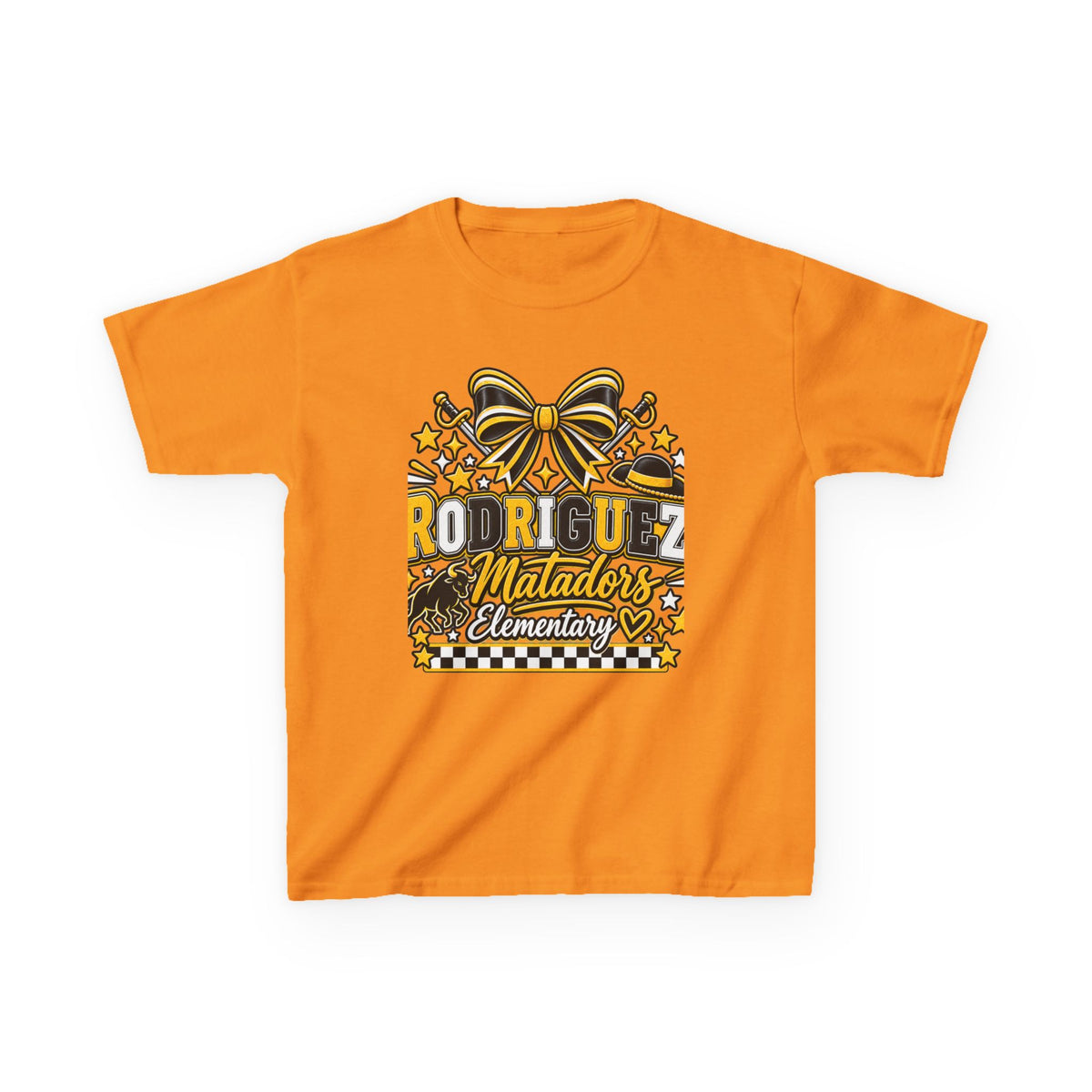 Rodriguez Matadors Elementary Kids T‑Shirt — School Spirit Bow & Mascot Tee