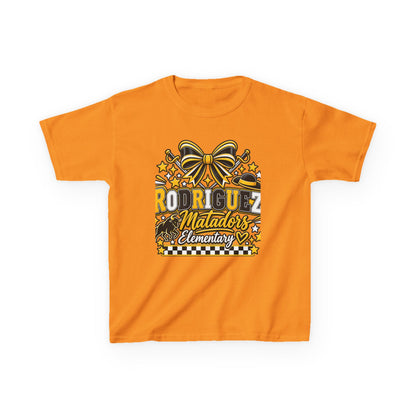 Rodriguez Matadors Elementary Kids T‑Shirt — School Spirit Bow & Mascot Tee