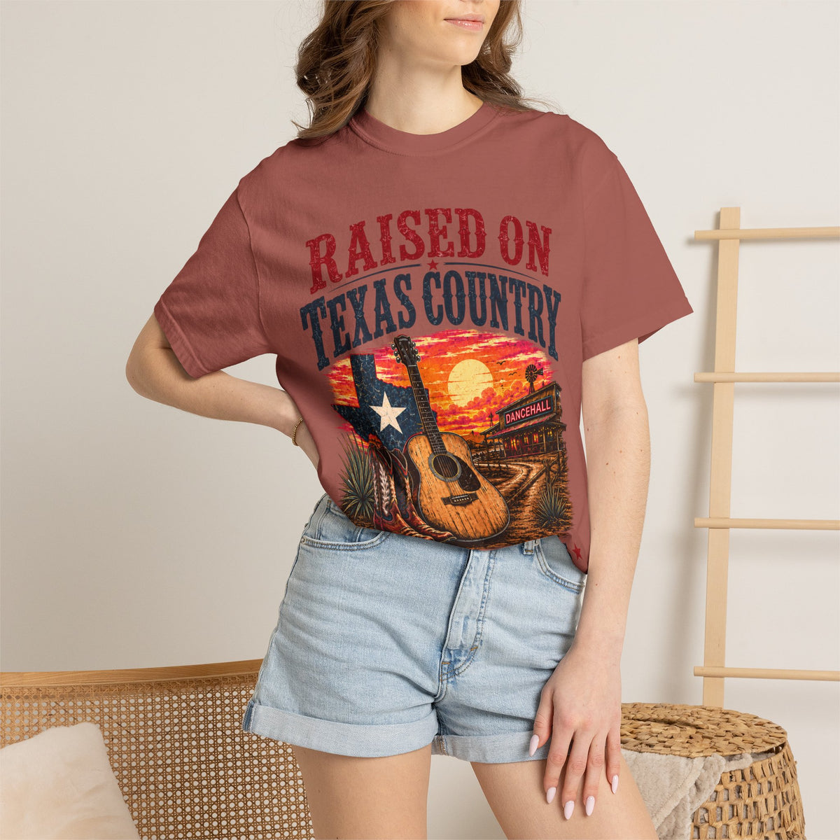 Raised on Texas Country T-Shirt — Gonzales TX Vintage Guitar Sunset Tee