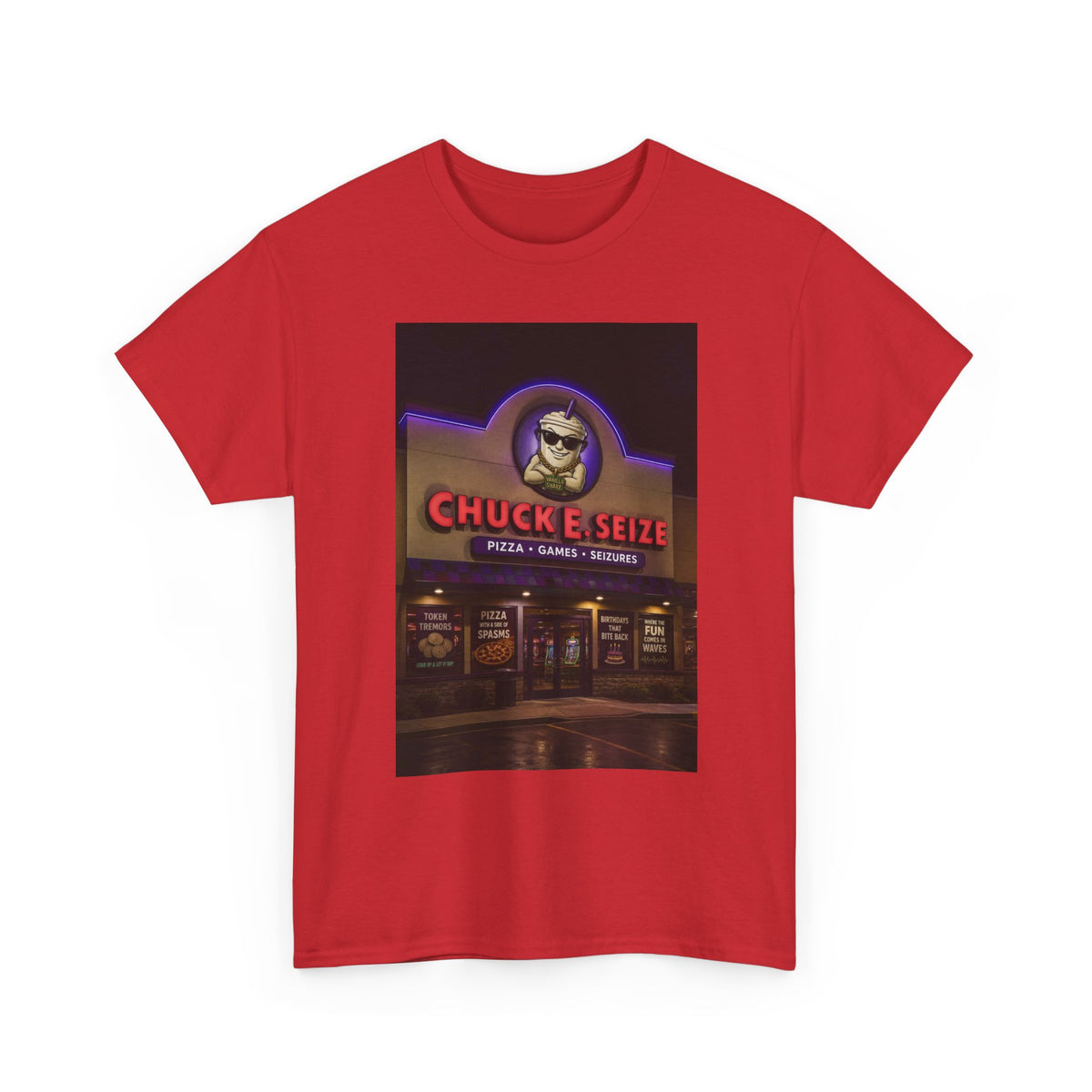 Chuck E Seize Neon Sign T-Shirt — Retro Arcade Pizza Parody Tee