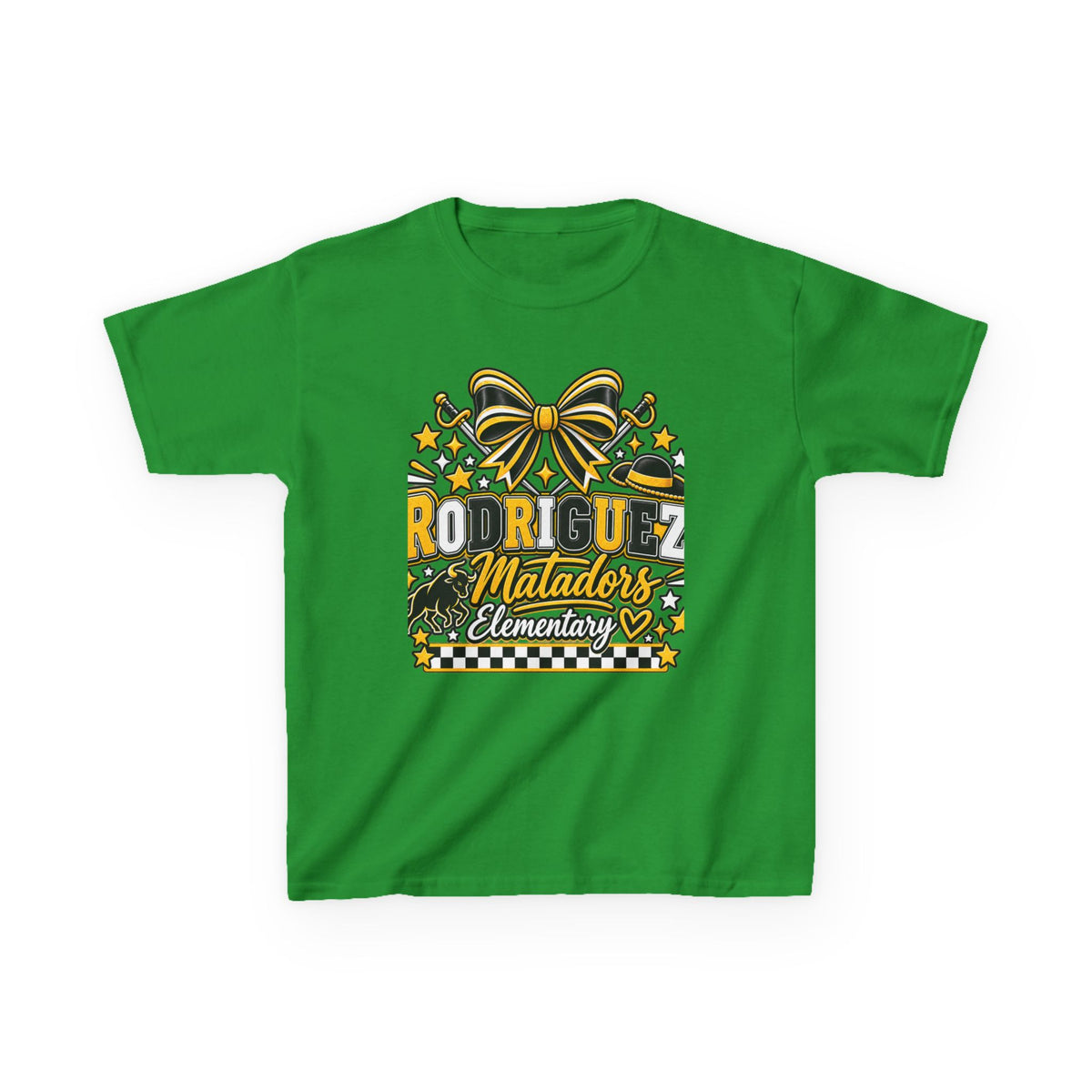 Rodriguez Matadors Elementary Kids T‑Shirt — School Spirit Bow & Mascot Tee