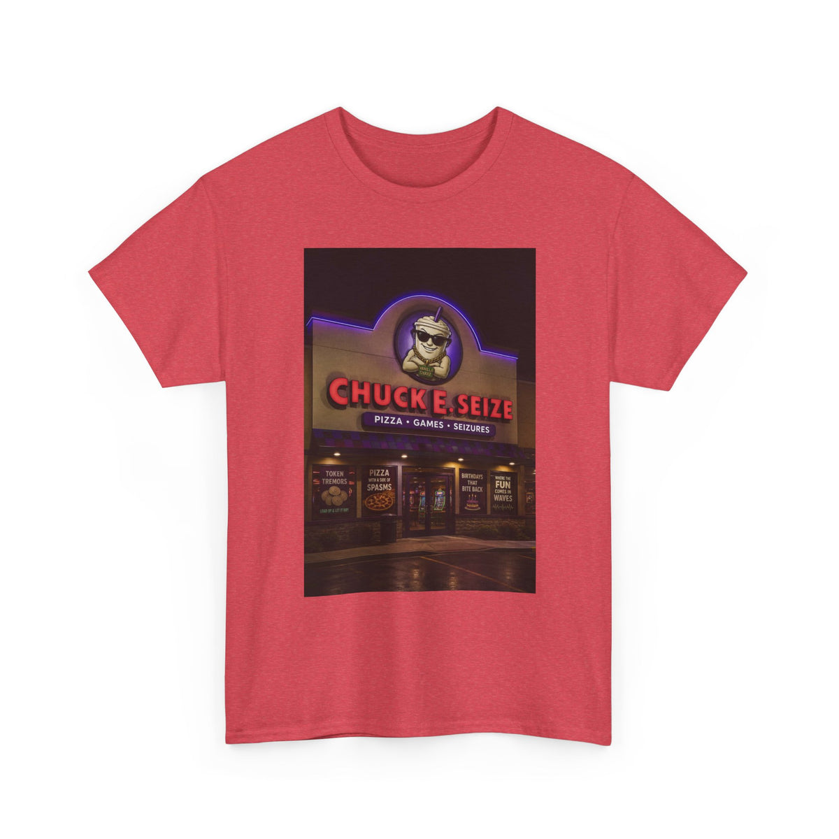 Chuck E Seize Neon Sign T-Shirt — Retro Arcade Pizza Parody Tee