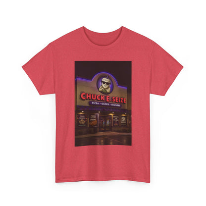 Chuck E Seize Neon Sign T-Shirt — Retro Arcade Pizza Parody Tee