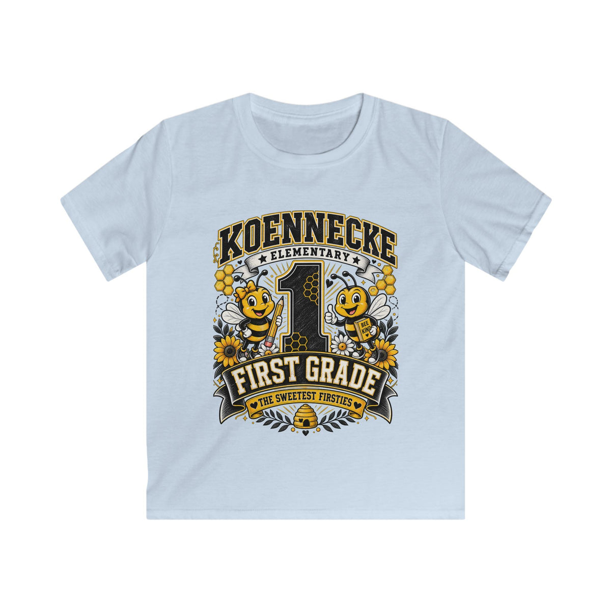 First Grade Kids Tee — 'Koennecke Elementary' Back-to-School Bee Design