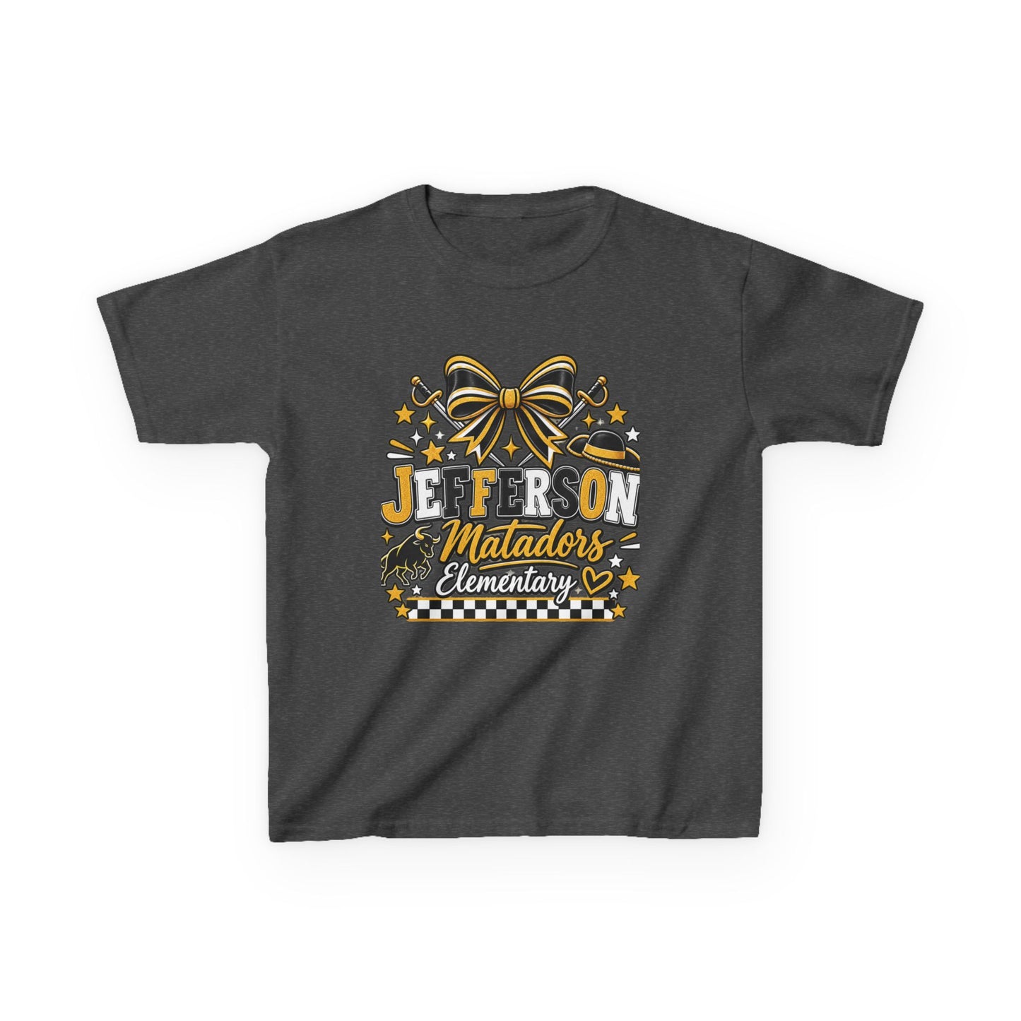 Jefferson Matadors Elementary Kids T-Shirt — School Spirit Bow & Mascot Tee