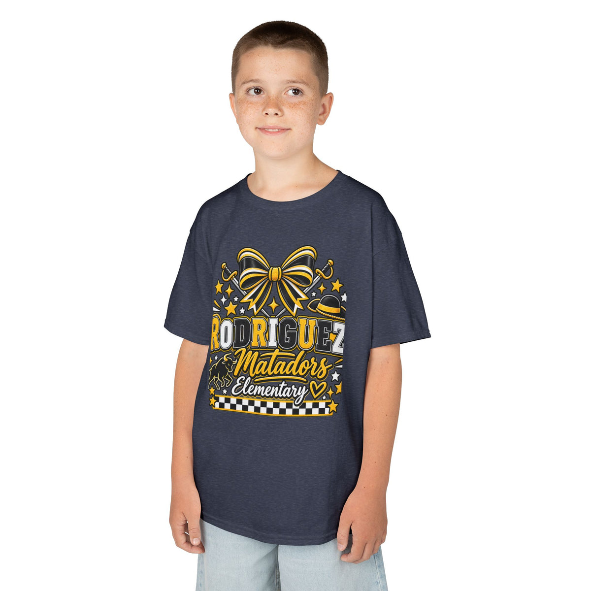 Rodriguez Matadors Elementary Kids T‑Shirt — School Spirit Bow & Mascot Tee