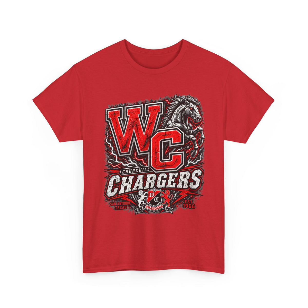 Chargers WC Mascot T-Shirt — Bold Red & Black School Spirit Tee