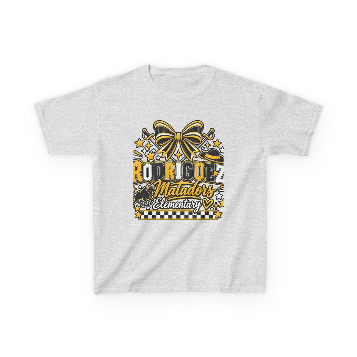 Rodriguez Matadors Elementary Kids T‑Shirt — School Spirit Bow & Mascot Tee