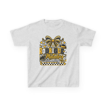 Rodriguez Matadors Elementary Kids T‑Shirt — School Spirit Bow & Mascot Tee
