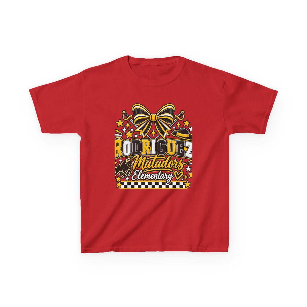 Rodriguez Matadors Elementary Kids T‑Shirt — School Spirit Bow & Mascot Tee