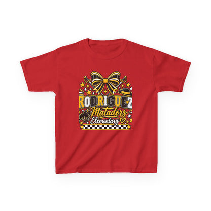 Rodriguez Matadors Elementary Kids T‑Shirt — School Spirit Bow & Mascot Tee