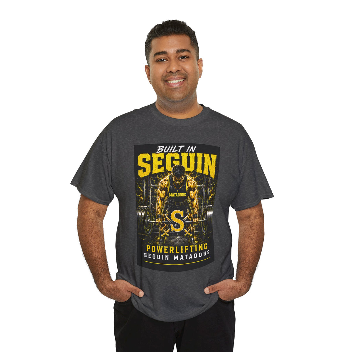 Seguin Powerlifting T-Shirt — "Built in Seguin" Matadors Gym Tee