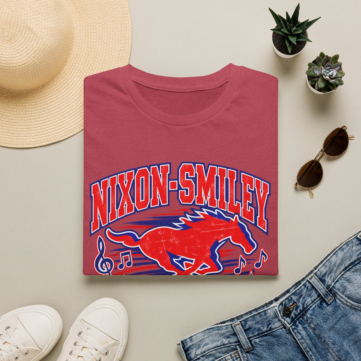 Nixon-Smiley Mustangs Band T-Shirt — Vintage Red Mustang Music Design