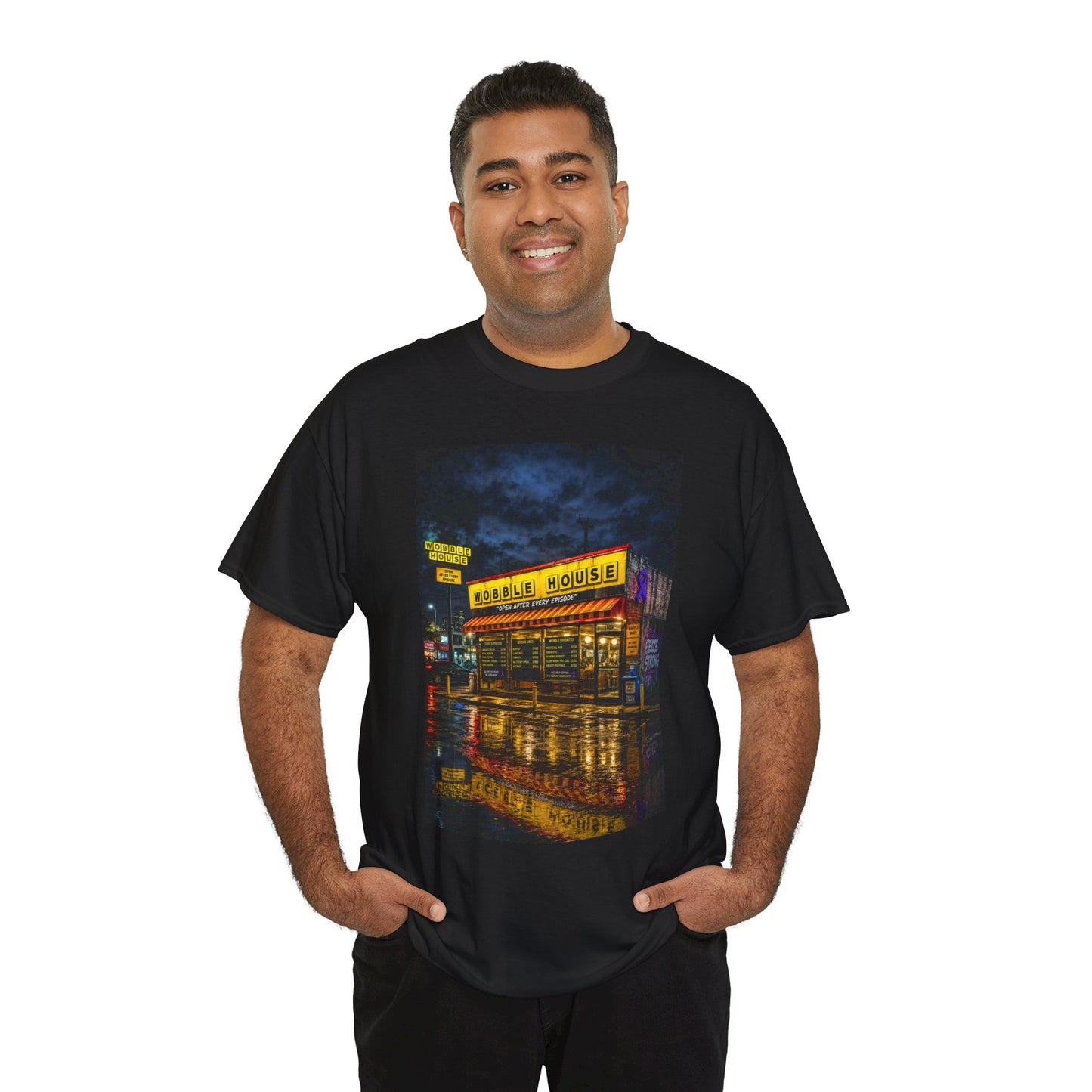 Diner Neon Night T-Shirt — Retro Rainy Cityscape Graphic Tee