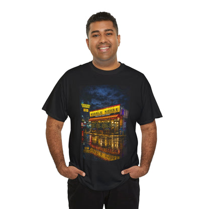 Diner Neon Night T-Shirt — Retro Rainy Cityscape Graphic Tee
