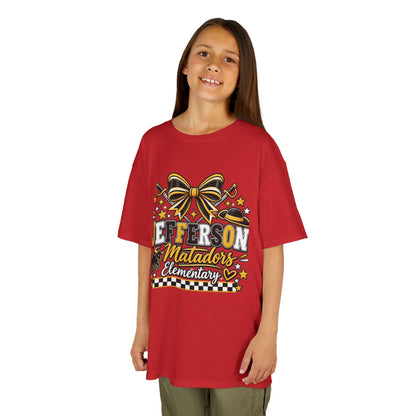 Jefferson Matadors Elementary Kids T-Shirt — School Spirit Bow & Mascot Tee