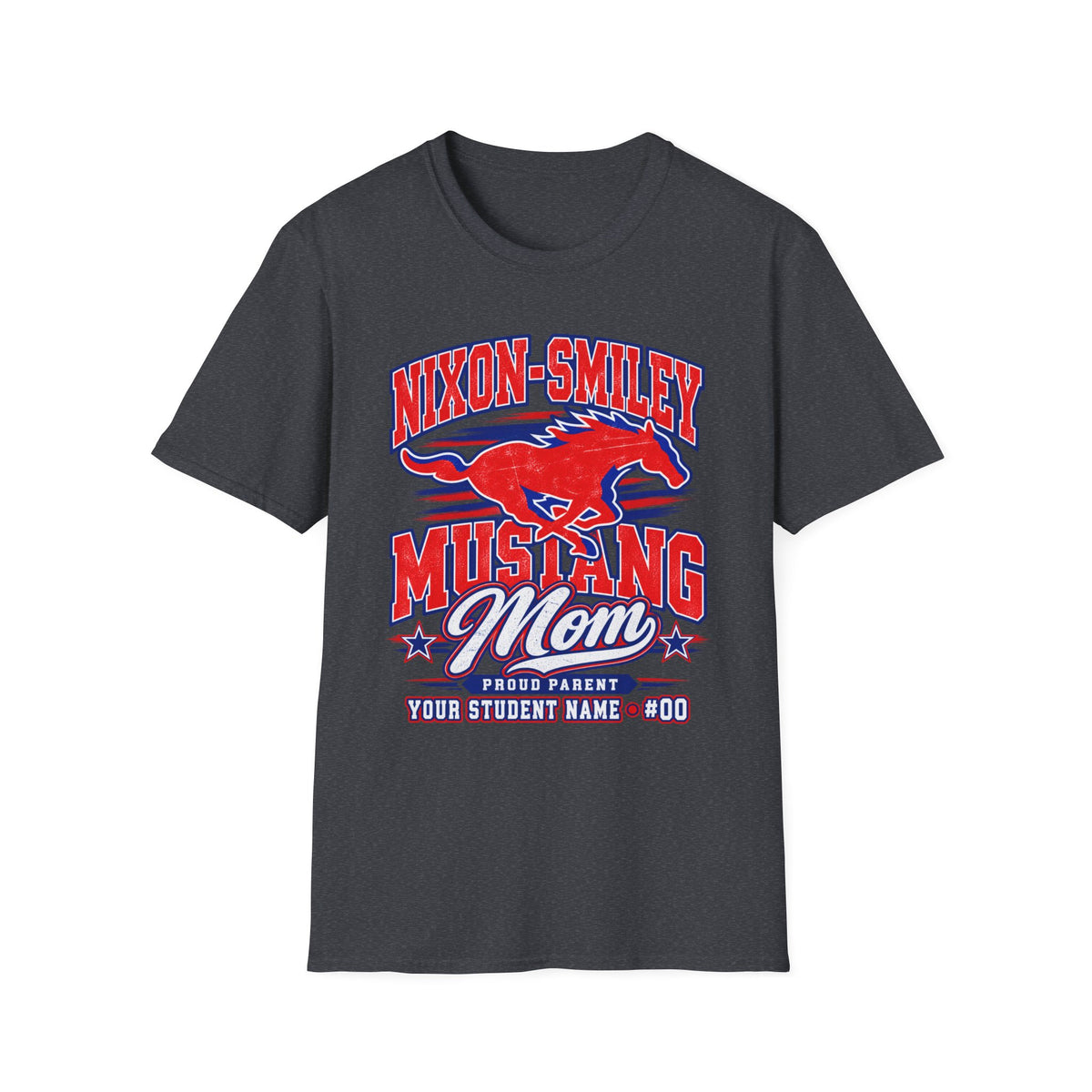 Mustang Mom T‑Shirt — Nixon‑Smiley School Spirit Tee (Customizable Student Name)