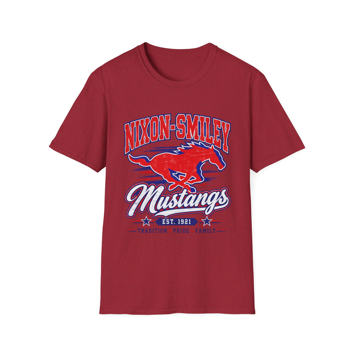 Nixon-Smiley Mustangs Tee — Retro School Mascot T-Shirt