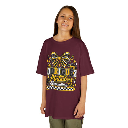 Rodriguez Matadors Elementary Kids T‑Shirt — School Spirit Bow & Mascot Tee
