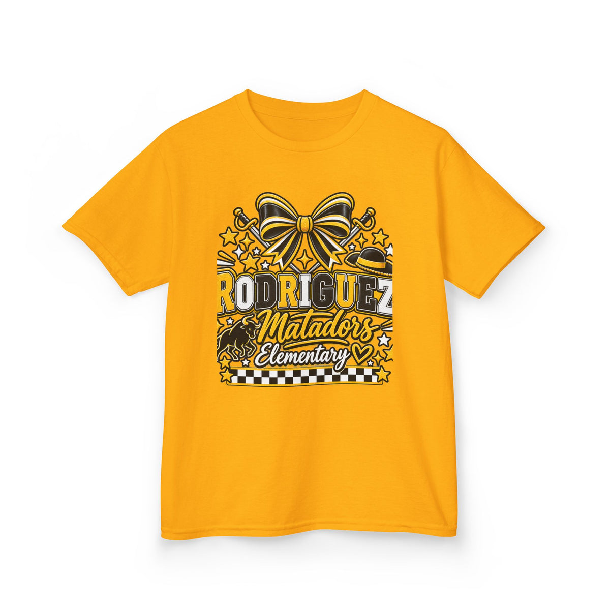 Rodriguez Matadors Elementary Kids T‑Shirt — School Spirit Bow & Mascot Tee